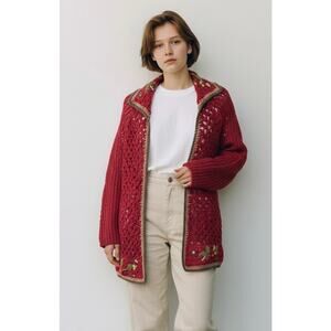 SASKIA Open Knit Cardigan Sweater Women's Small Burgundy Belted 3D Flowers Boho